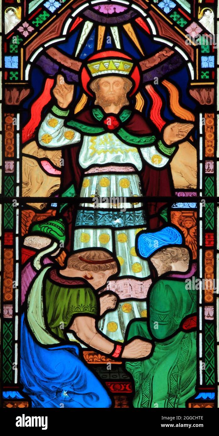 Jugement de Salomon, sagesse, vitrail, par Frederick Preedy, 1861, Snettisham, Norfolk, Angleterre Banque D'Images