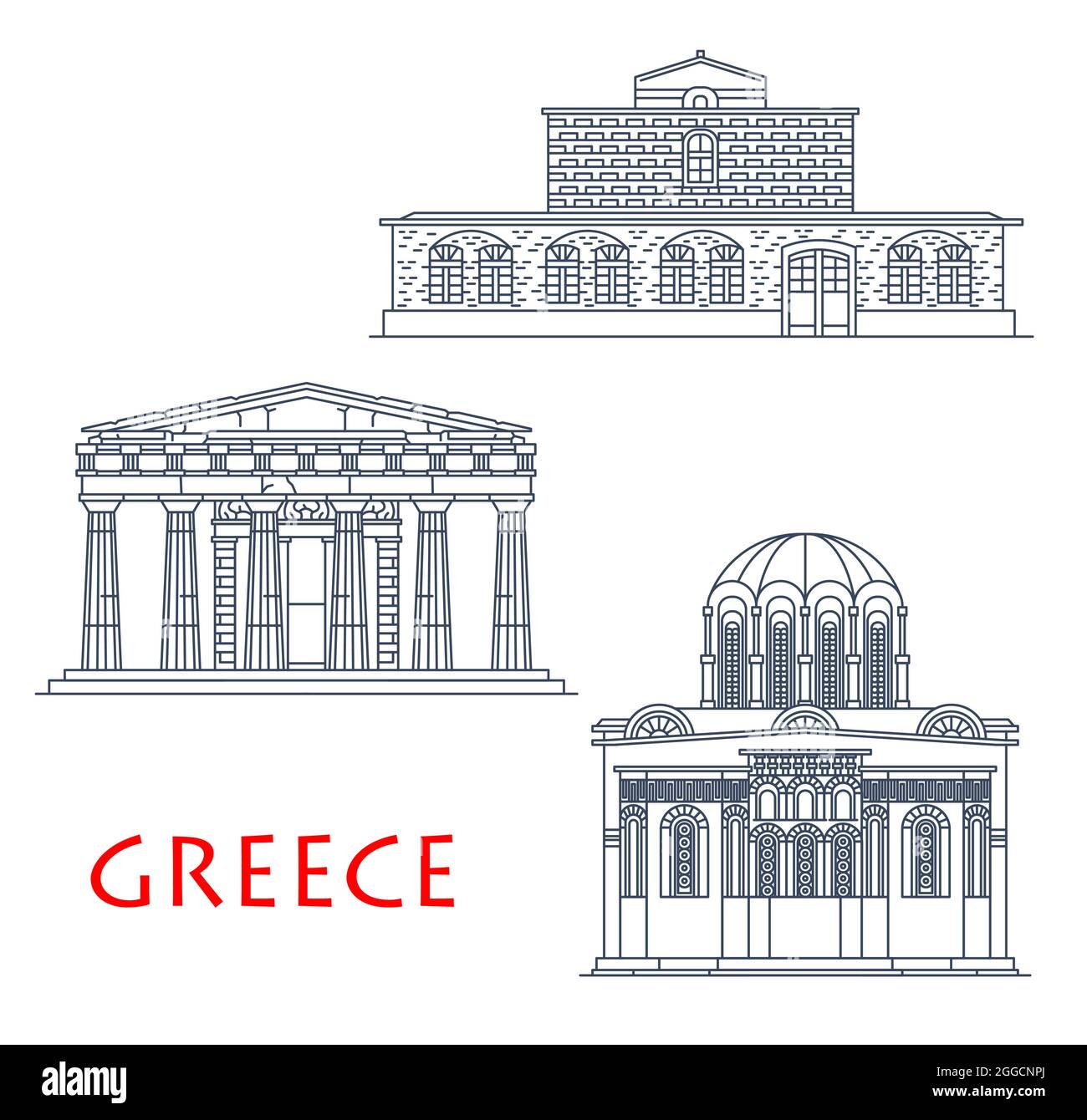 Bâtiments d'architecture de Grèce, monuments de voyage d'antiquités grecques, icônes de vecteur. Église Saint-Étienne de Thessalie, Temple de Theseion d'Hephaestus à Athènes Illustration de Vecteur