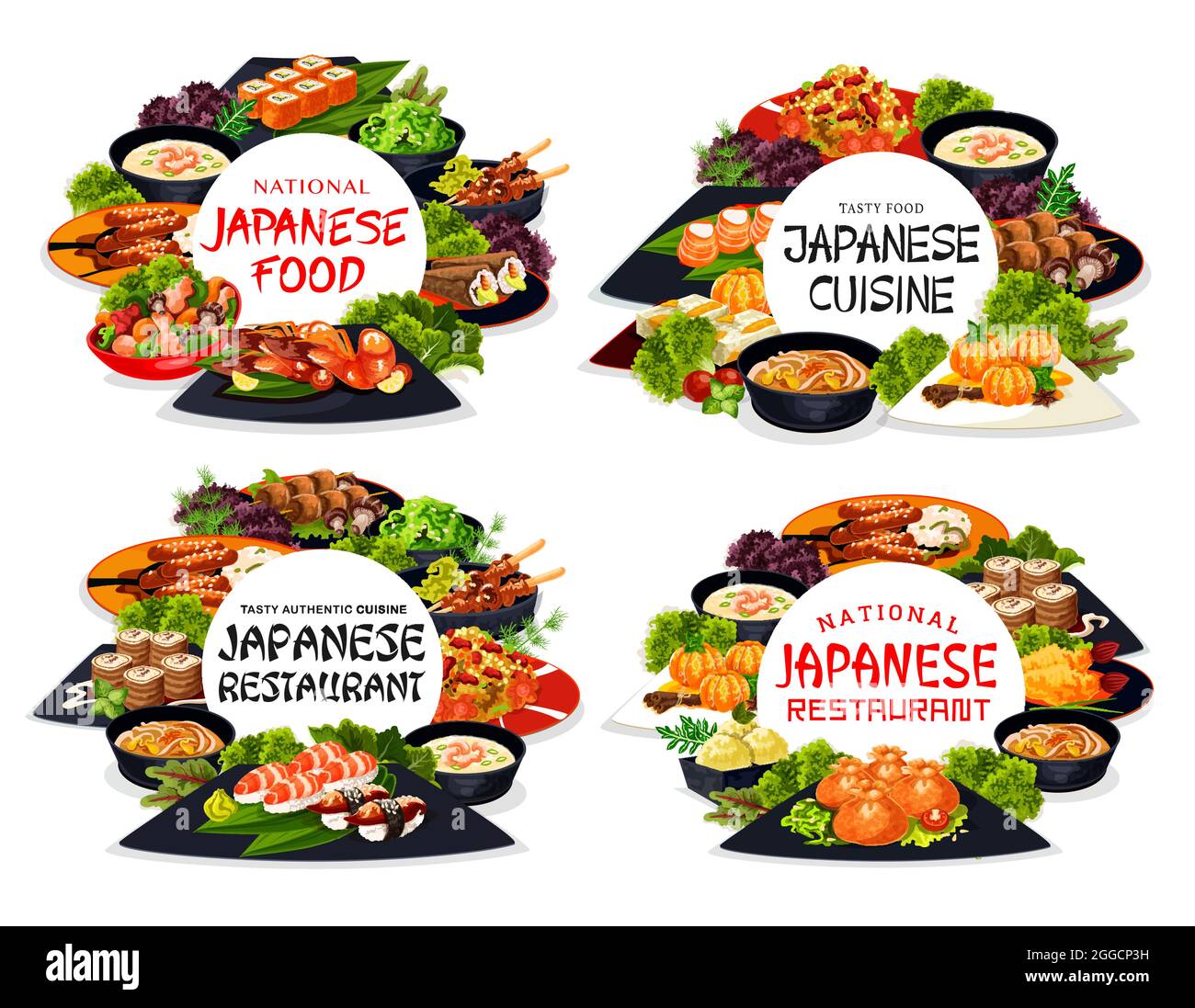 Banderoles rondes pour la cuisine japonaise. Sushi uramaki, temaki et nigiri, rouleau philadelphie, yakitori et kenko yaki, bonbons aux mandarines, Illustration de Vecteur