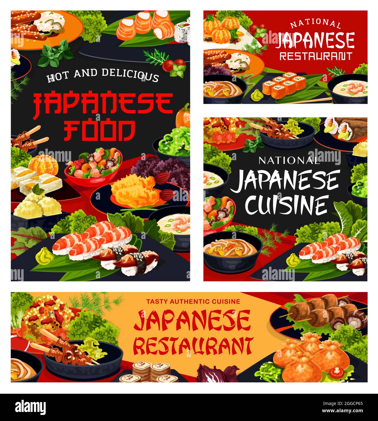 Le restaurant de cuisine japonaise propose des affiches et des banderoles. Kenko yaki, riz aux fruits de mer et roulés de philadelphie, sushis nigiri, temaki et uramaki, nouilles Illustration de Vecteur