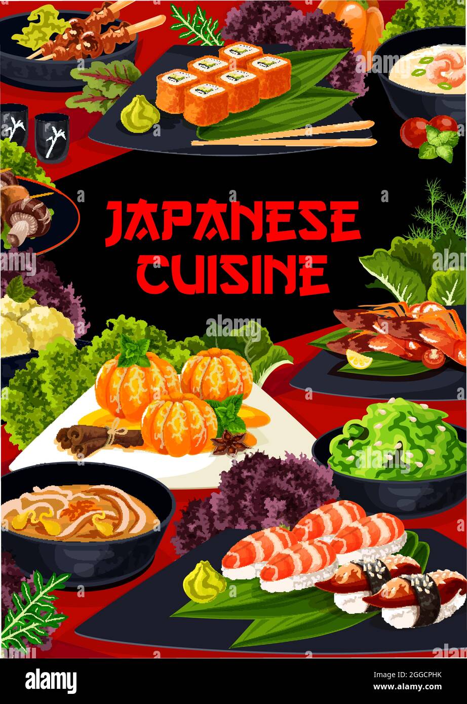 Modèle de couverture du menu de cuisine de restaurant japonais. Mandarine au sirop doux, yakitori et kebab au shiitake, crème de crevettes et soupe de nouilles au porc Illustration de Vecteur