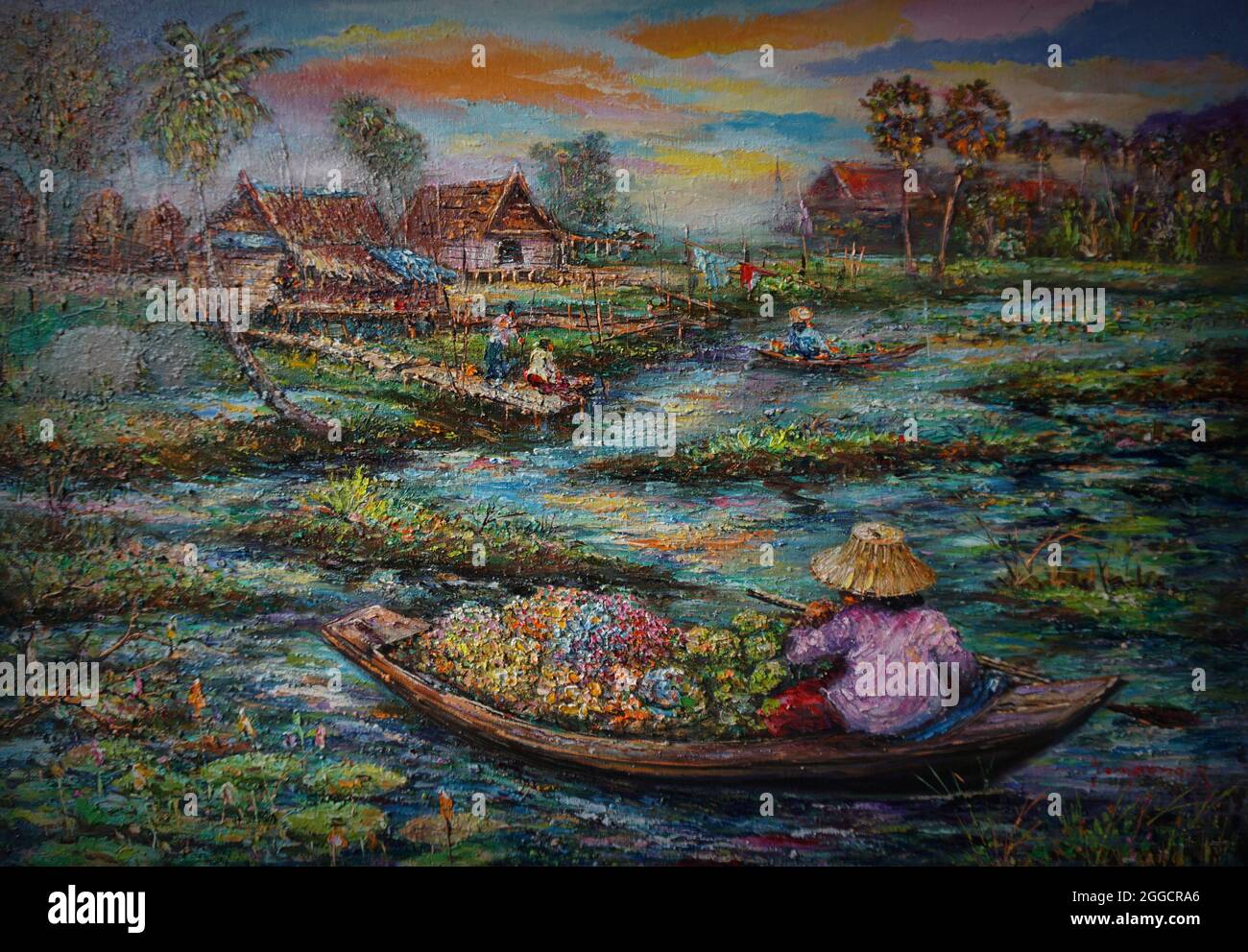 Peinture à l'huile Thaïlande campagne montagne , marché flottant Banque D'Images