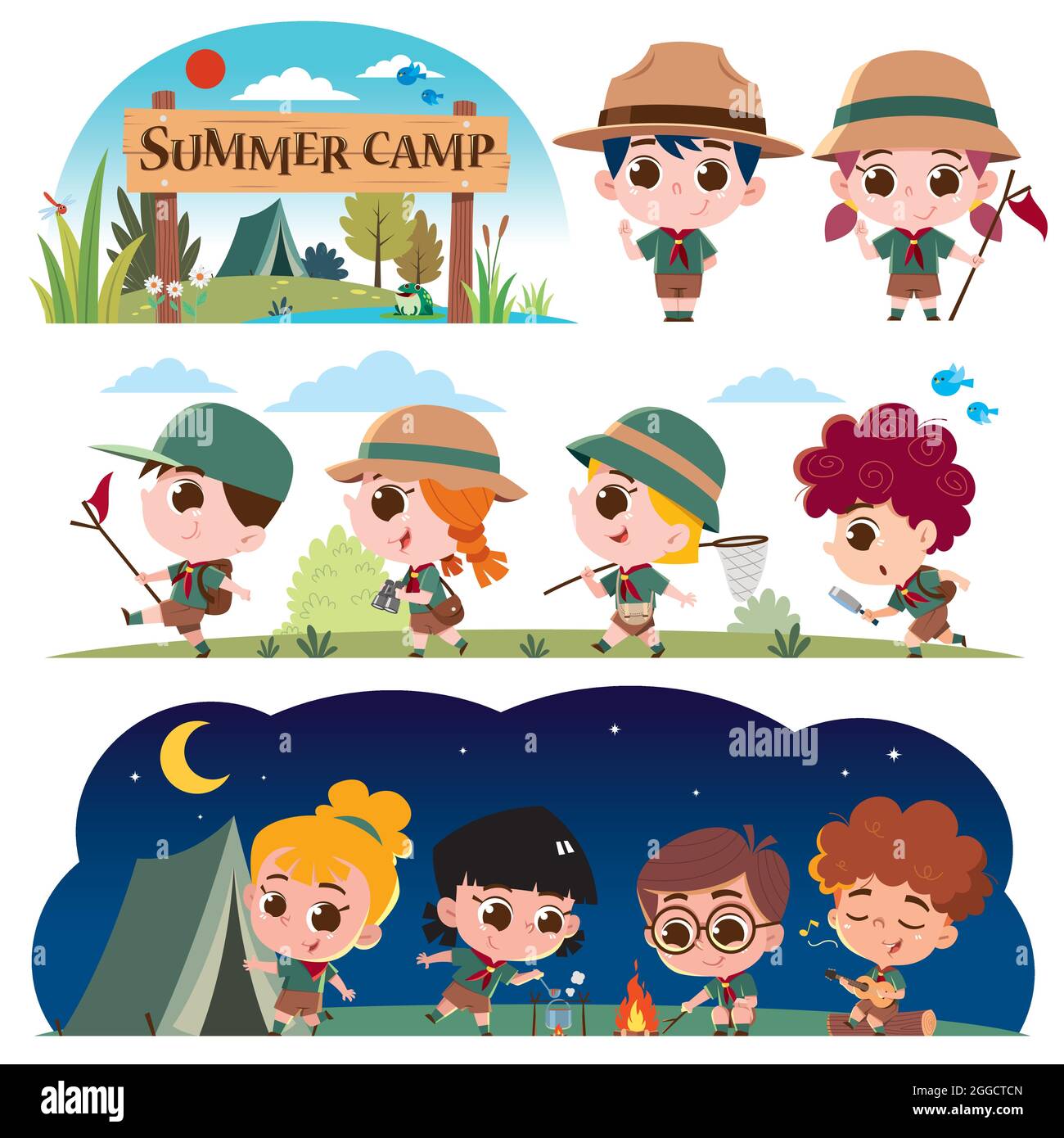 Illustration vectorielle du personnage Scout Kids. Scouts de camp d'été.  Camp d'été pour enfants Image Vectorielle Stock - Alamy