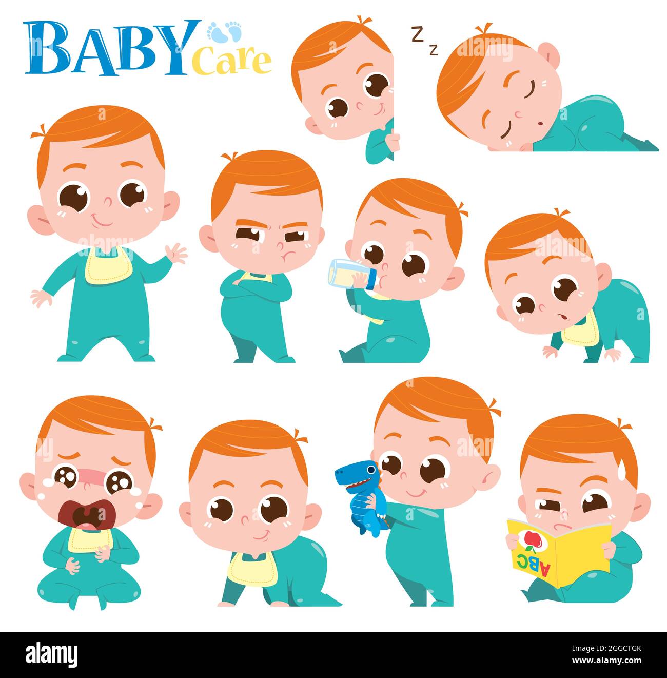 Expressions et activités mignonnes de bébé garçon – illustration de soins pour bébé Illustration de Vecteur