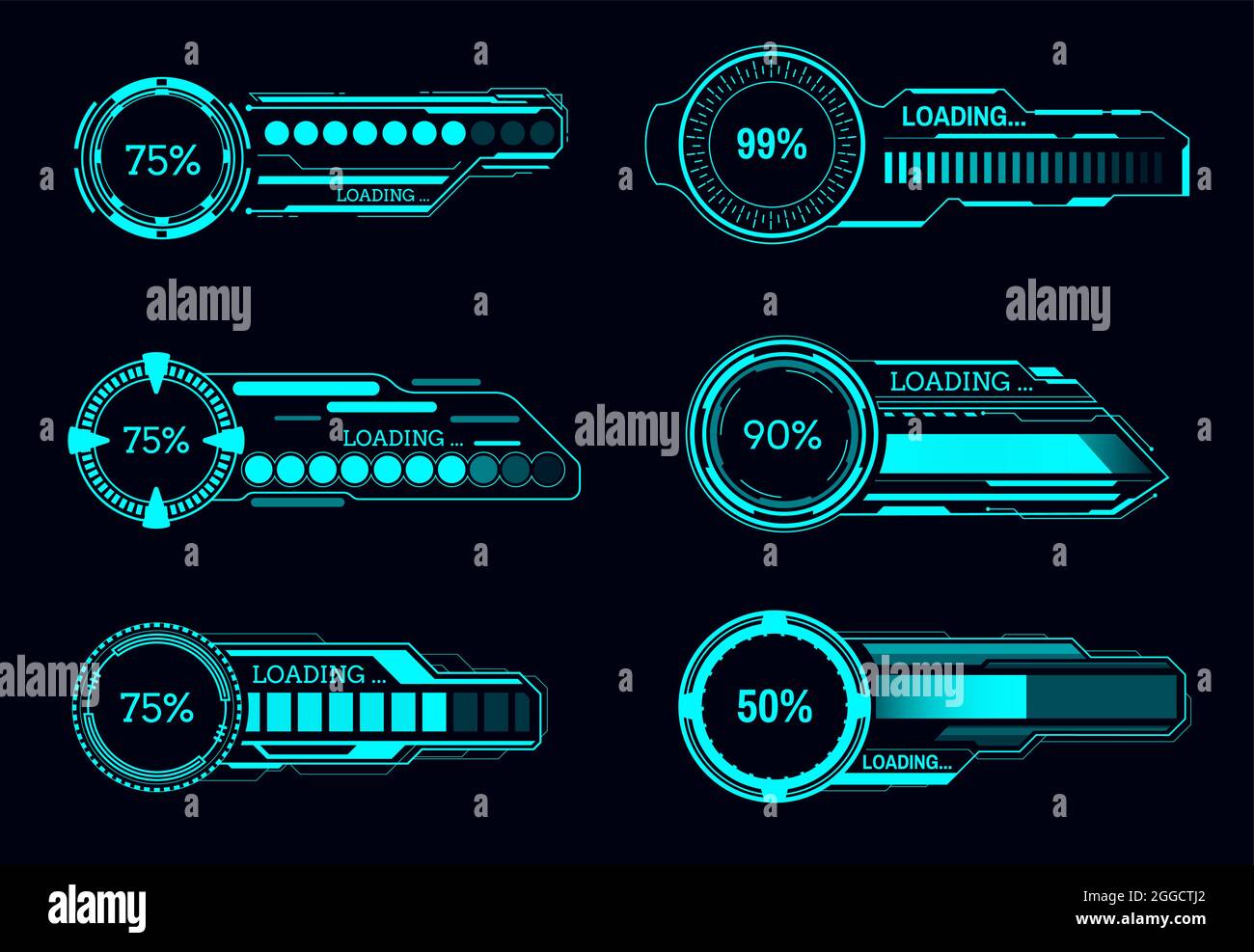 Barres de progression de chargement futuriste HUD, interface utilisateur de vecteur Fi Sci. Écran numérique ou panneau de commande de l'interface utilisateur de jeu, éléments de tableau de bord de la technologie future de n Illustration de Vecteur