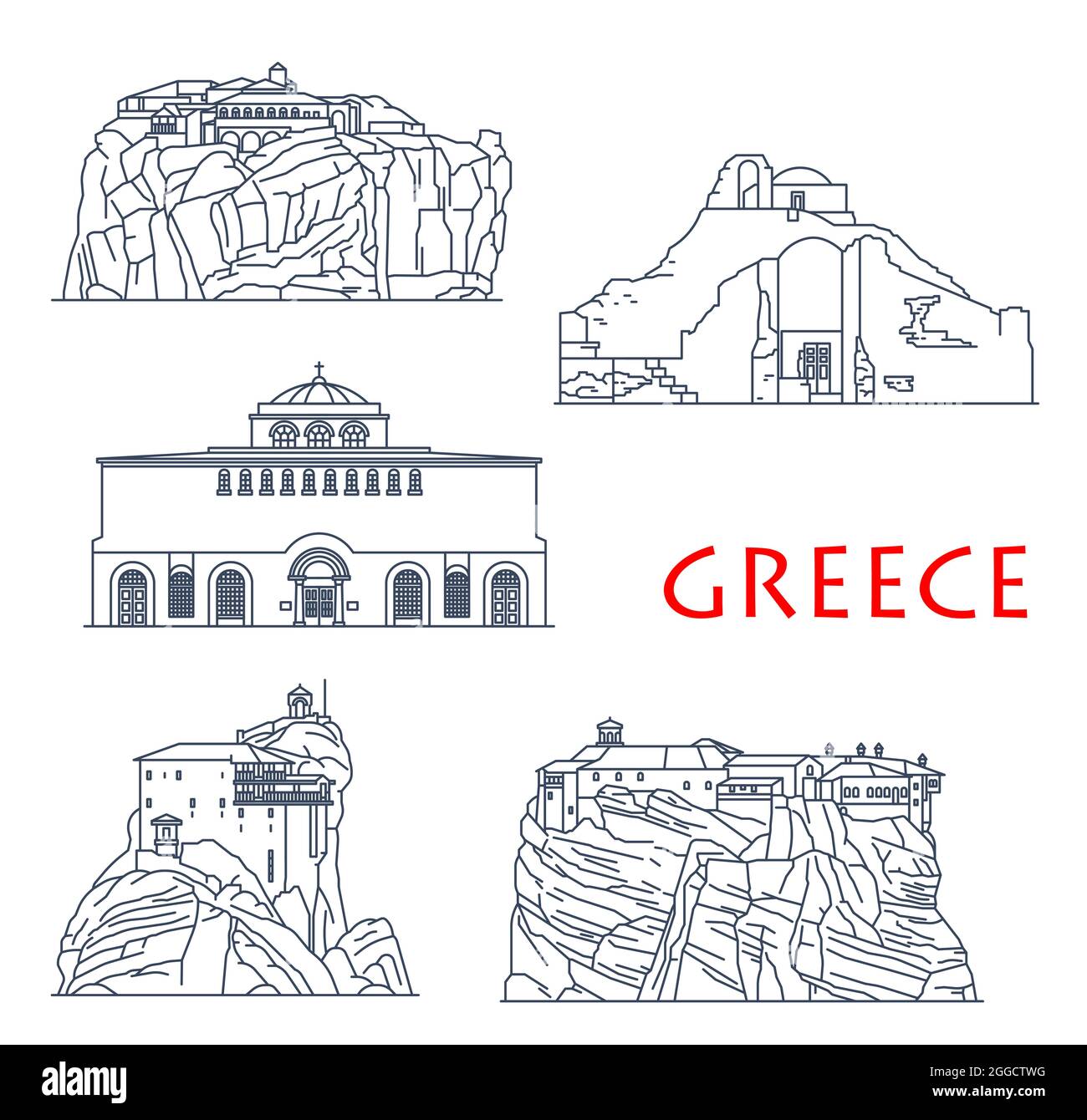 Grèce bâtiments d'architecture, églises et temples grecs anciens, sites touristiques vectoriels. Grèce Sainte Trinité et Saint Nicolas monastère, Agia Sod Illustration de Vecteur