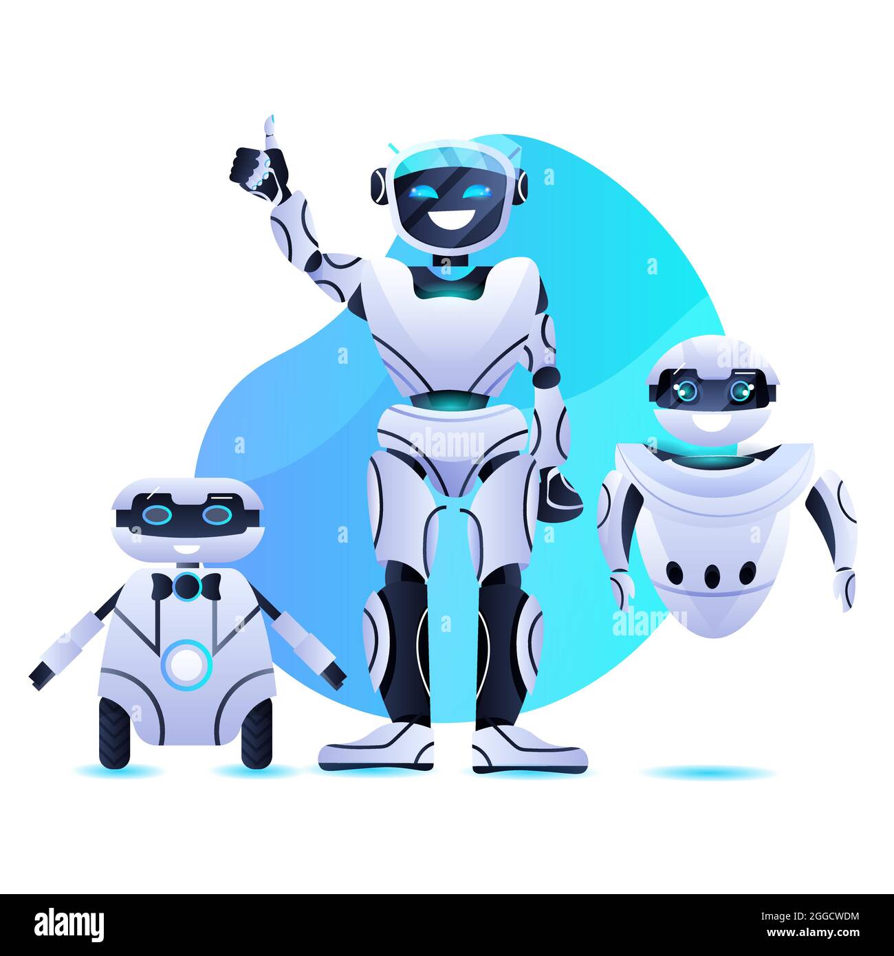 différents robots qui se tiennent ensemble des personnages robotiques modernes équipe le concept de la technologie de l'intelligence artificielle Illustration de Vecteur
