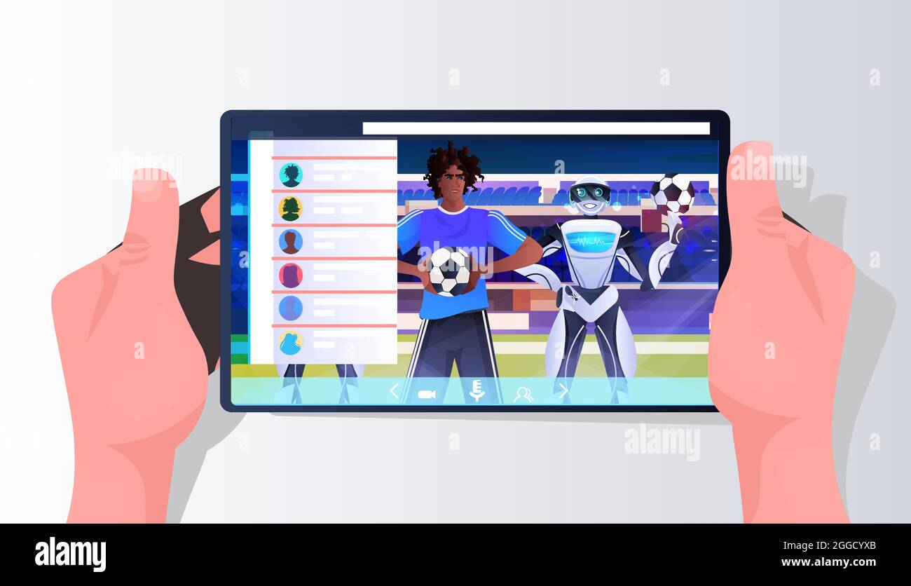 afro-américain homme et robot joueurs de football sur l'écran de smartphone concept de technologie de l'intelligence artificielle Illustration de Vecteur