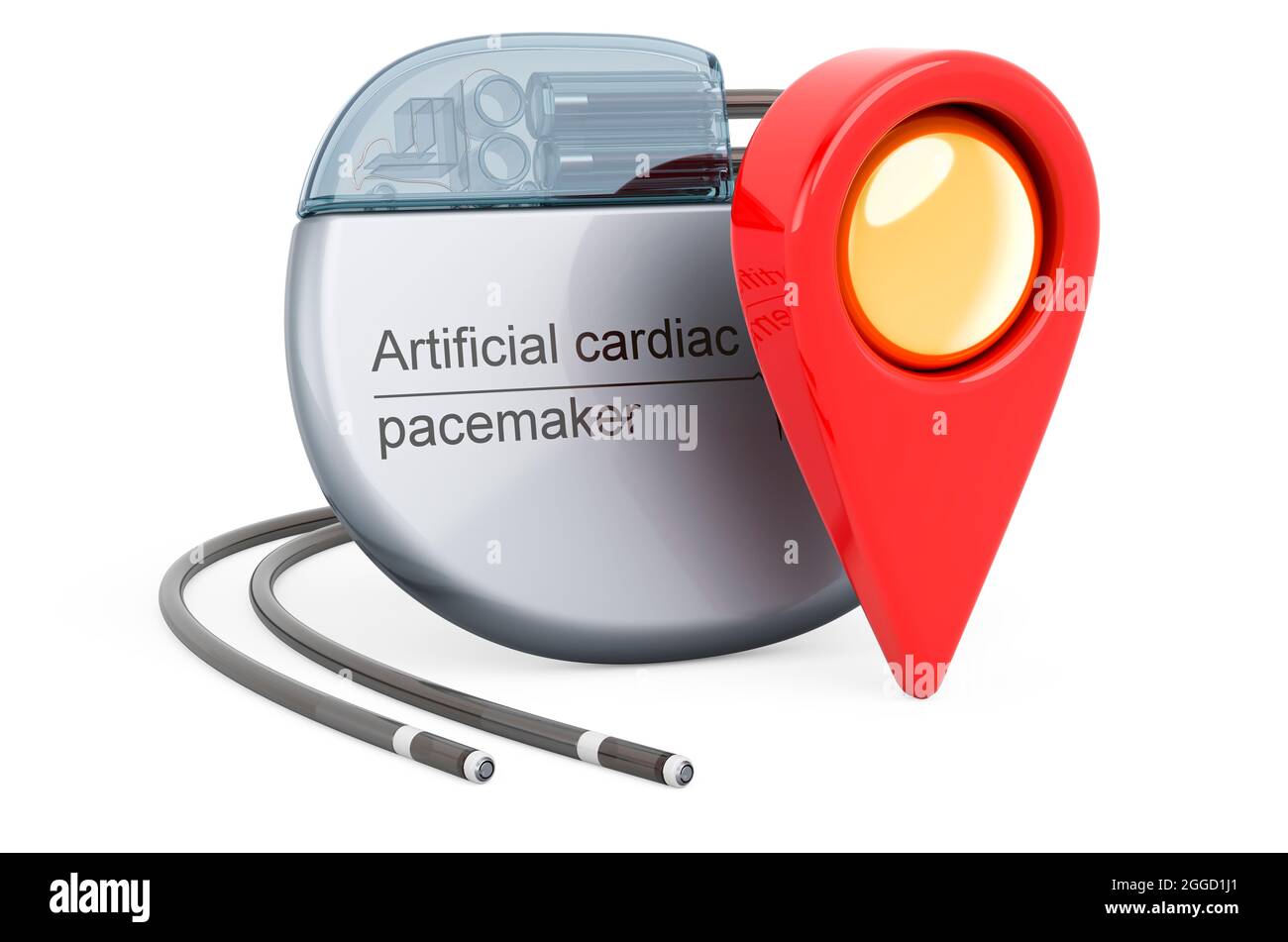 Pointeur de carte avec stimulateur cardiaque artificiel, rendu 3D isolé sur fond blanc Banque D'Images