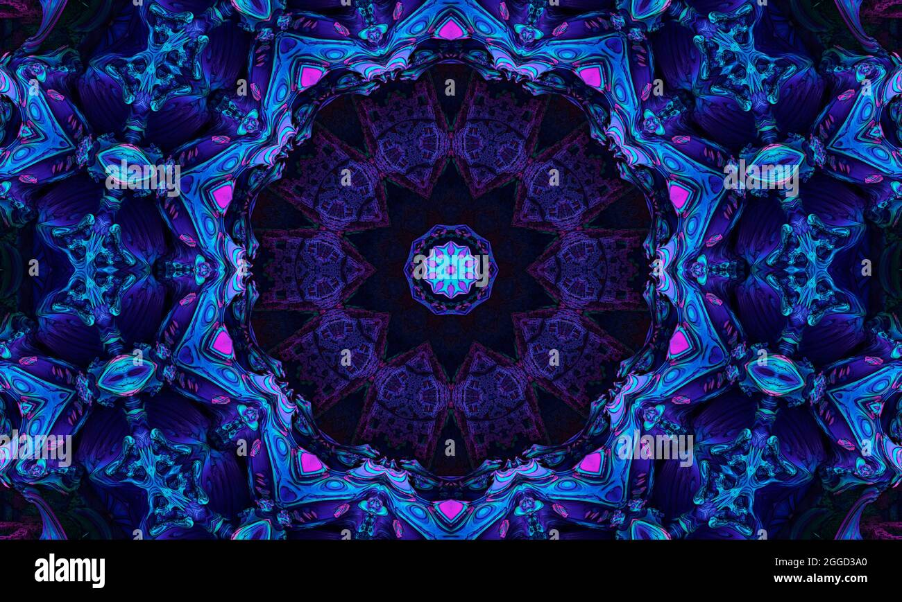 Arrière-plan abstrait ultra violet, fleurs tropicales de Bougainvillea avec effet kaléidoscope, motif floral mandala. Banque D'Images