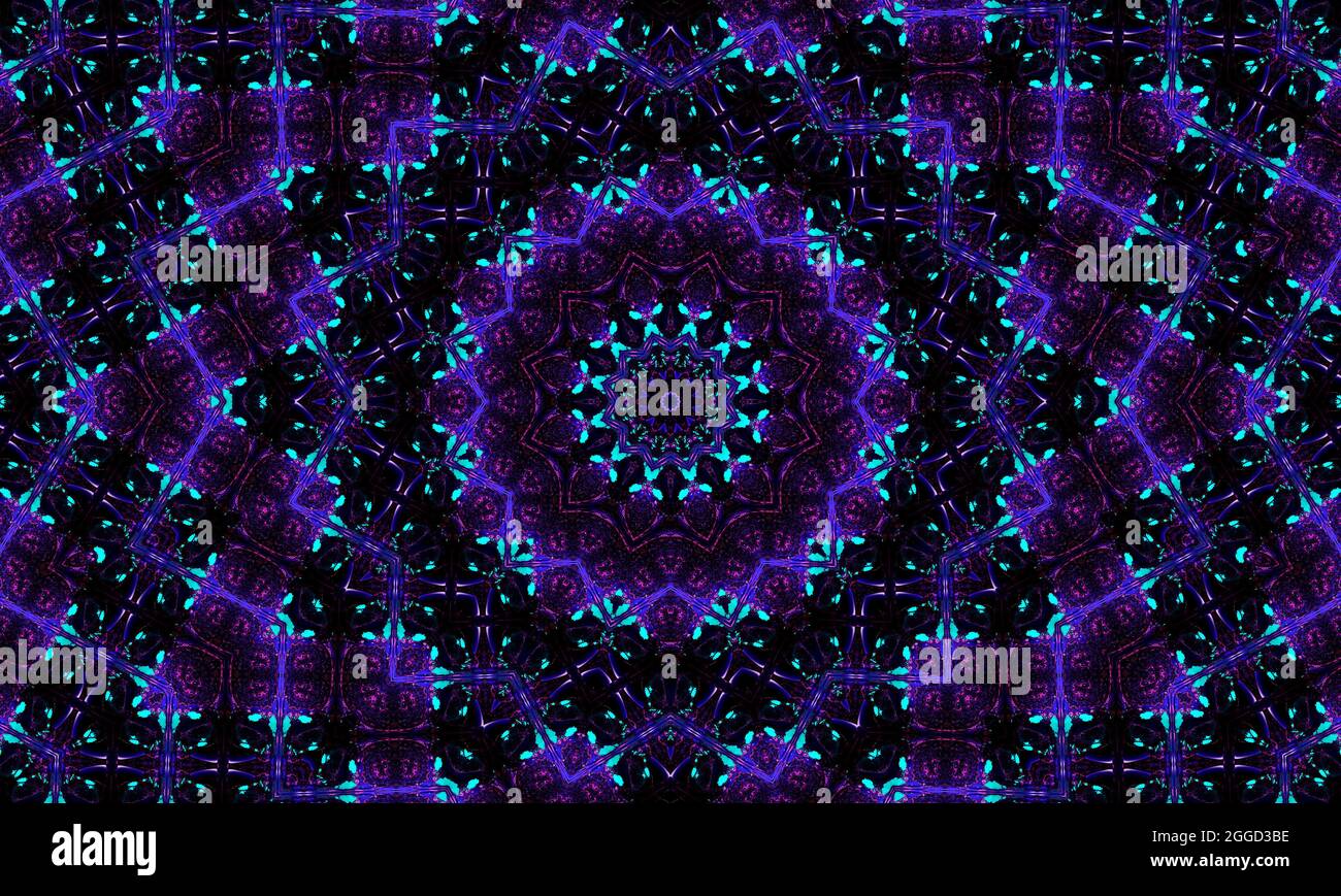 Arrière-plan abstrait ultra violet, fleurs tropicales de Bougainvillea avec effet kaléidoscope, motif floral mandala. Banque D'Images
