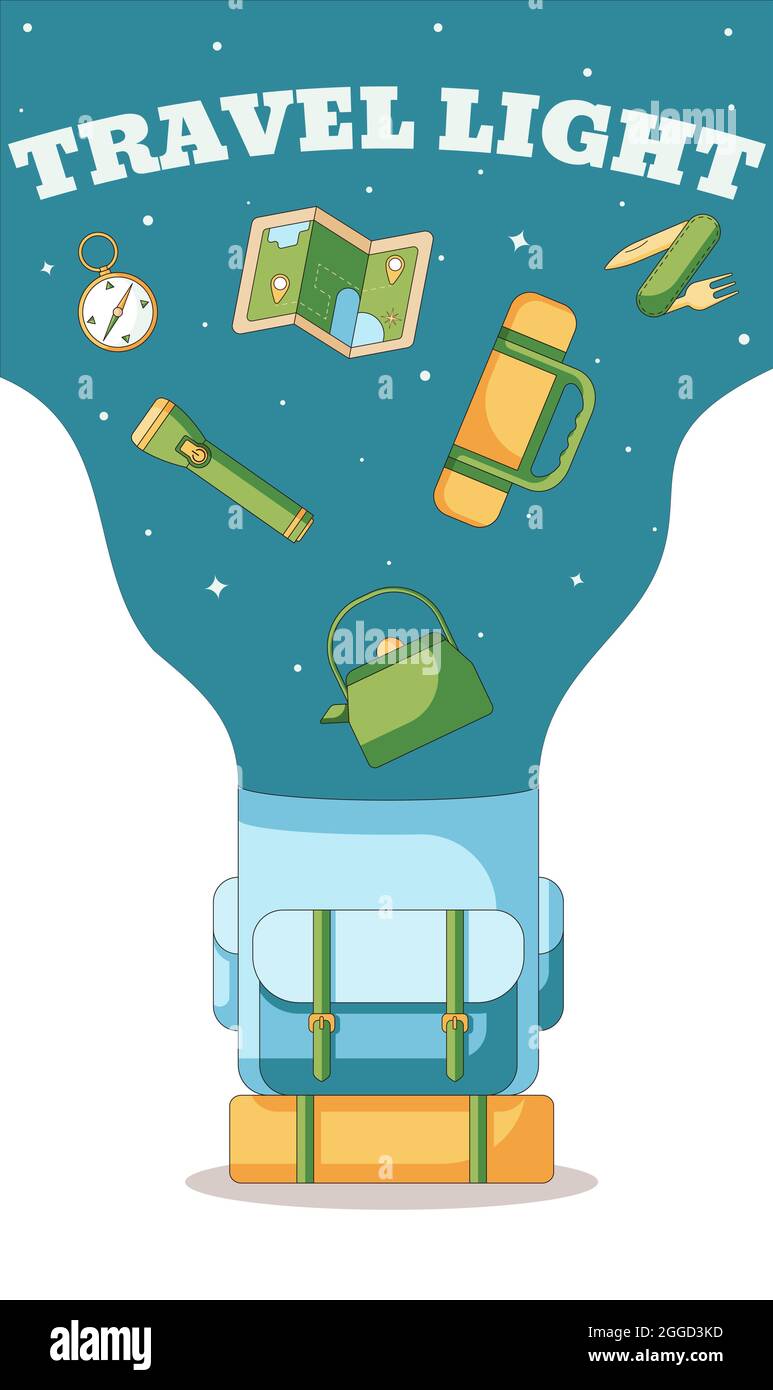 Bannière vectorielle pour un site de voyage avec des tentes dans la nature, voyageant à la lumière avec tout l'équipement nécessaire. Illustration de Vecteur