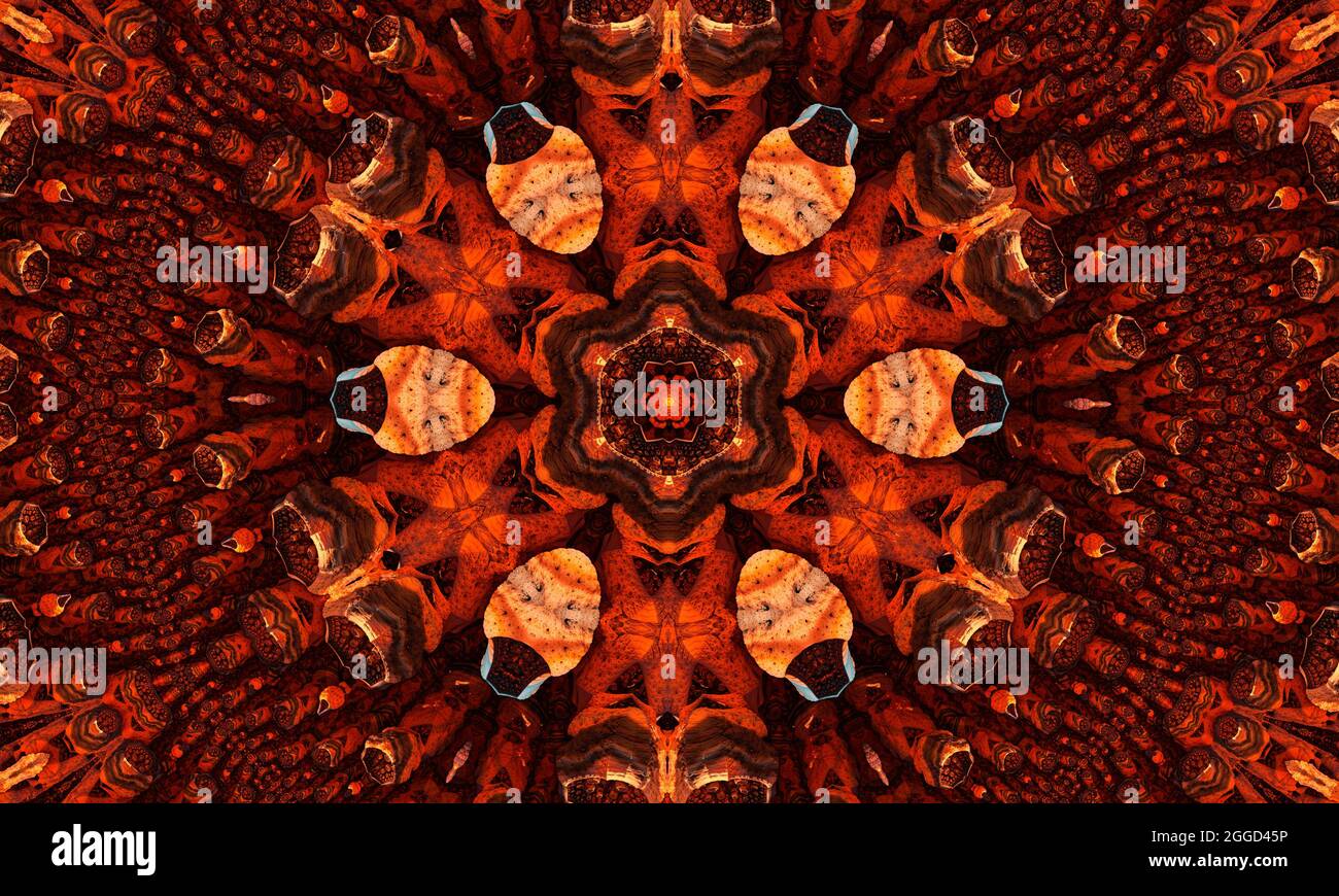 Kaléidoscope à groovy au gingembre motif abstrait sans couture avec éléments ronds lumineux kaléidoscopiques. Banque D'Images