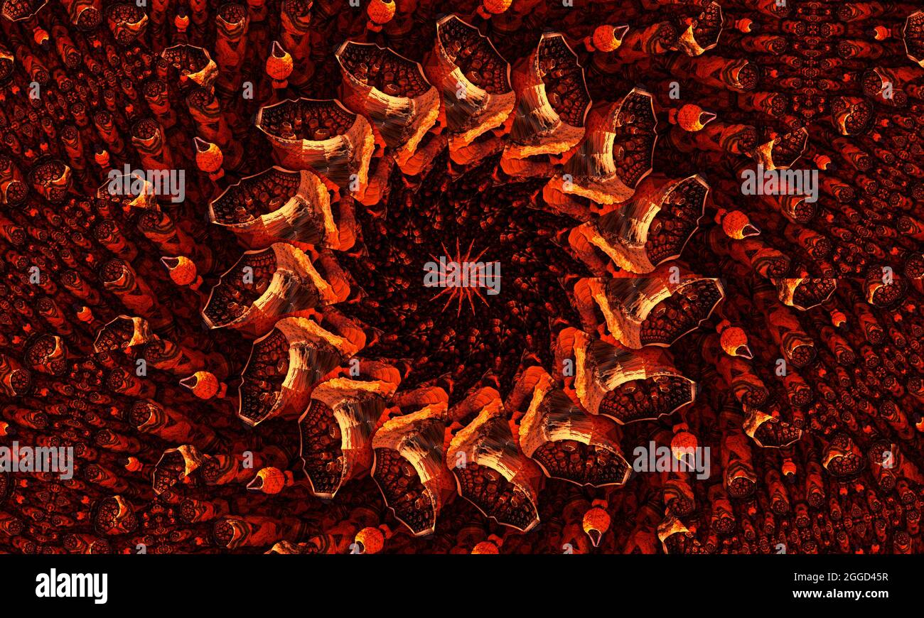 Kaléidoscope à groovy au gingembre motif abstrait sans couture avec éléments ronds lumineux kaléidoscopiques. Banque D'Images