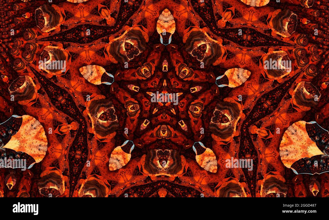 Kaléidoscope à groovy au gingembre motif abstrait sans couture avec éléments ronds lumineux kaléidoscopiques. Banque D'Images