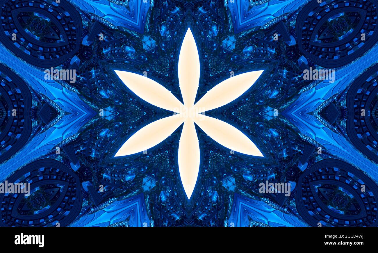 Fleur d'étoile de pêche de haute qualité sur fond bleu abstrait kaléidoscope. Belle texture kaléidoscope multicolore. Conception unique de kaléidoscope générique Banque D'Images