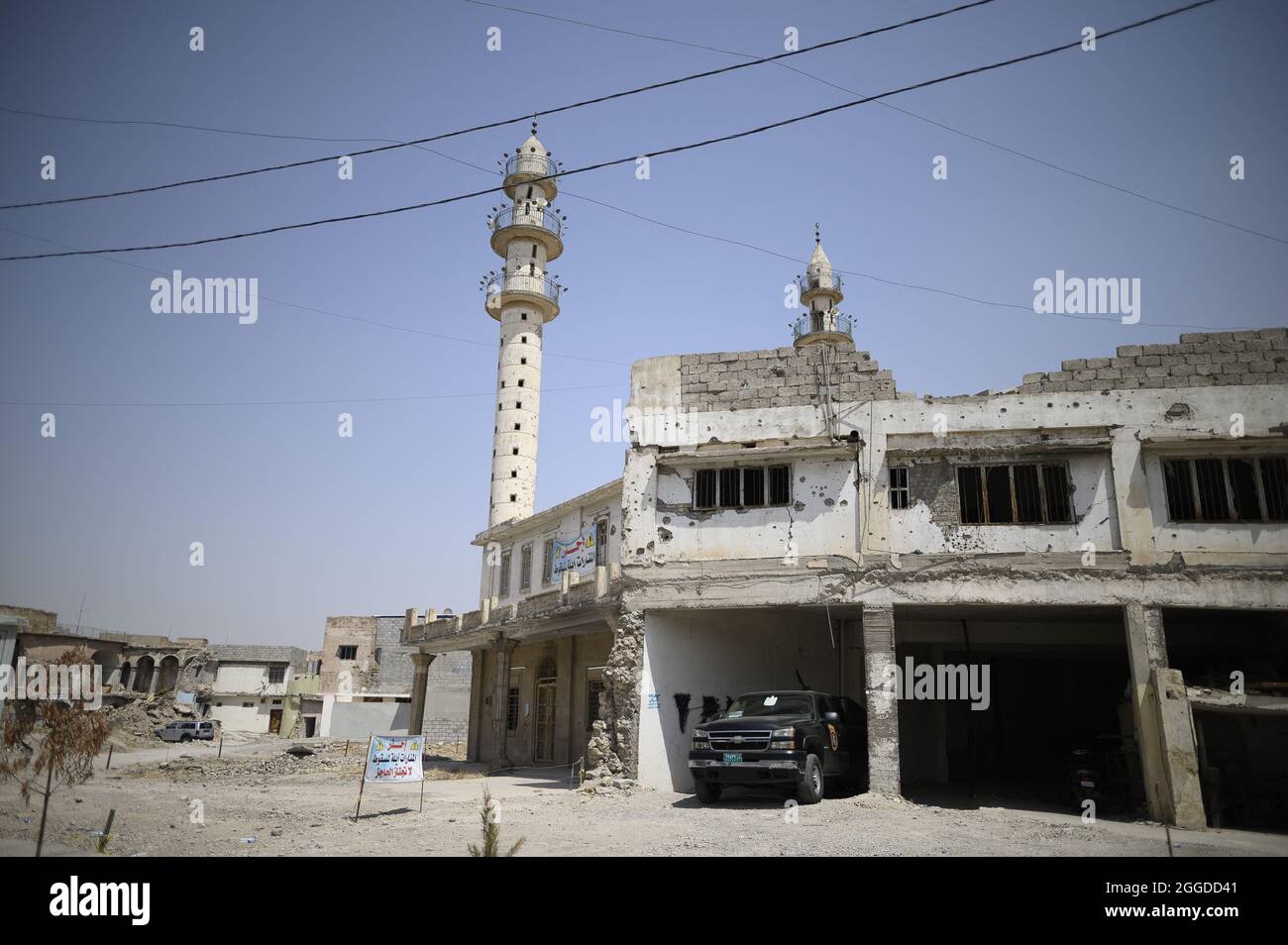 Illustration Minaret dans la deuxième ville irakienne de Mossoul, dans la province de Ninive, au nord du pays, le 29 août 2021. Photo par Eliot Blondt/ABACAPRESS.COM. Banque D'Images