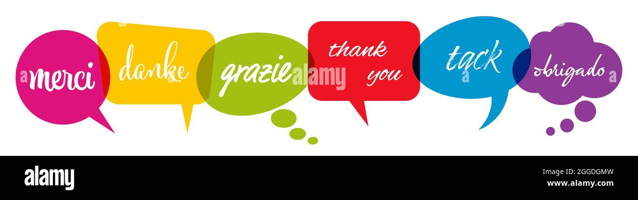 Illustration vectorielle EPS 10 de bulles de voix colorées isolées sur fond blanc avec texte de bienvenue ' merci ' dans différentes langues Illustration de Vecteur