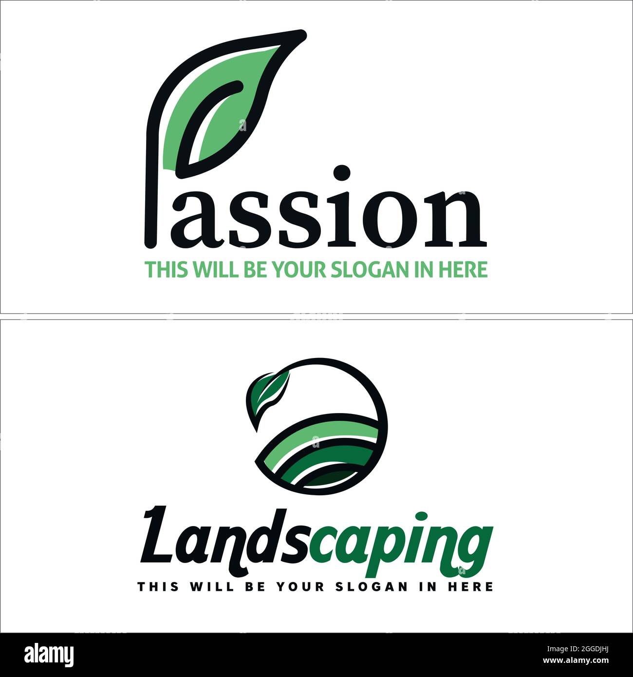 Aménagement paysager avec feuille et terrain initial icône logo vecteur de conception Illustration de Vecteur