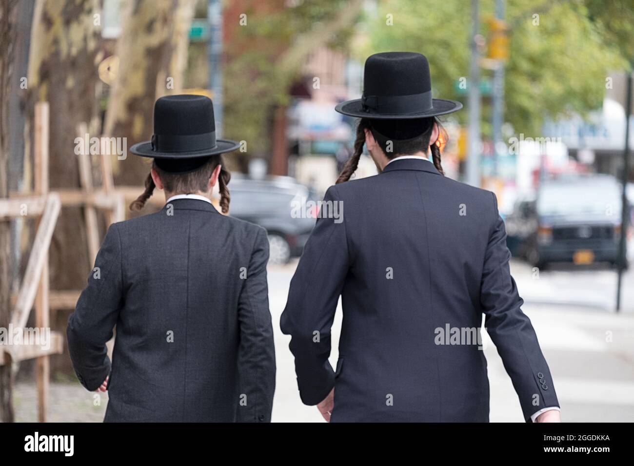 Vue de derrière 2 juifs hassidiques avec un long peyot (sur le banc de  touche) et des chapeaux noirs assortis. Sur Lee Avenue à Williamsburg,  Brooklyn, New York Photo Stock - Alamy