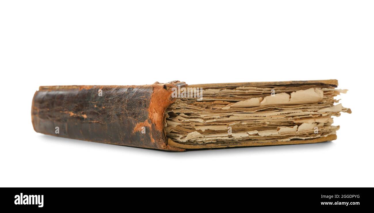 Vieux livre sur fond blanc Banque D'Images