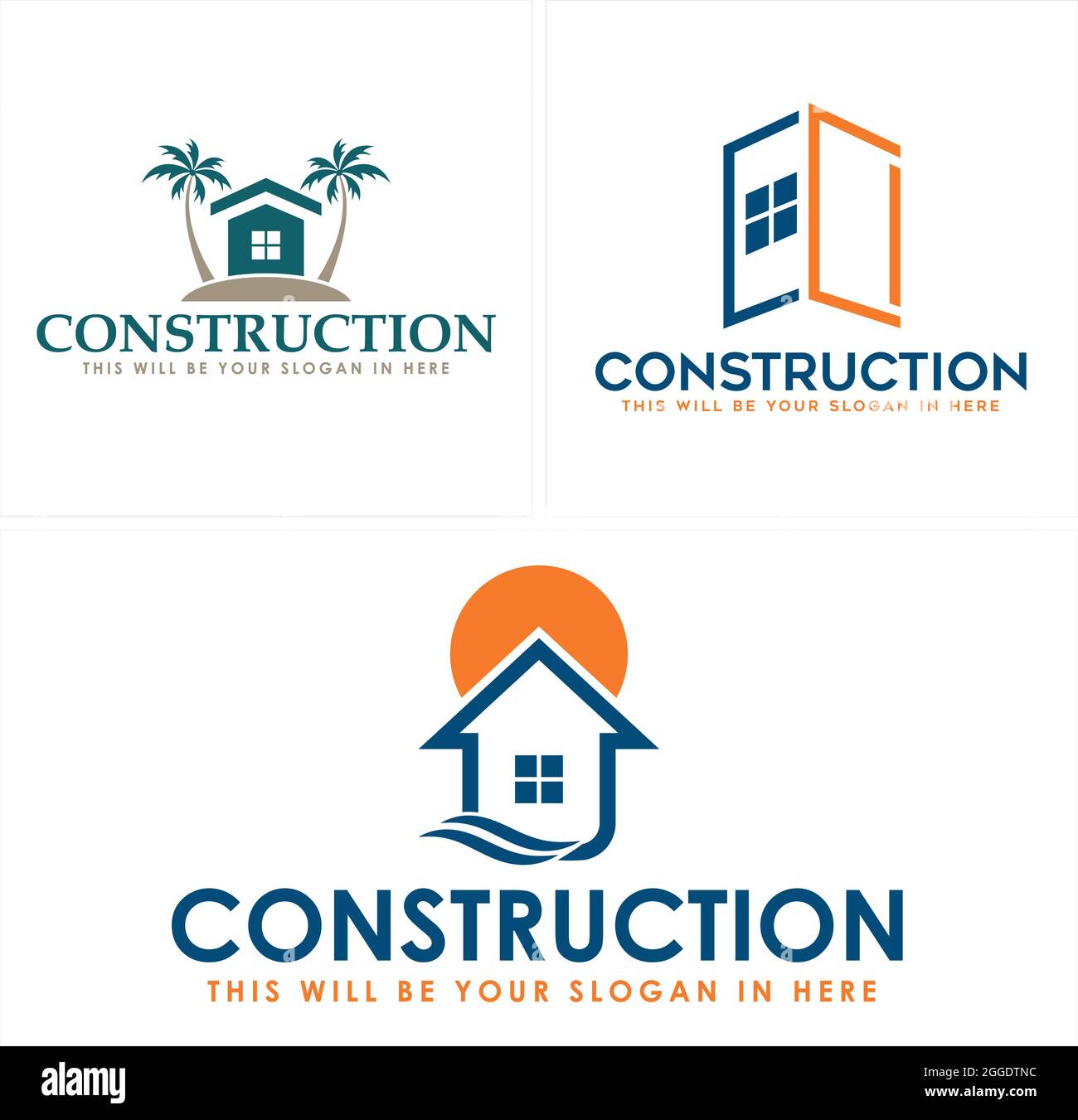 Maison de construction moderne avec paume d'arbre et logo soleil Illustration de Vecteur