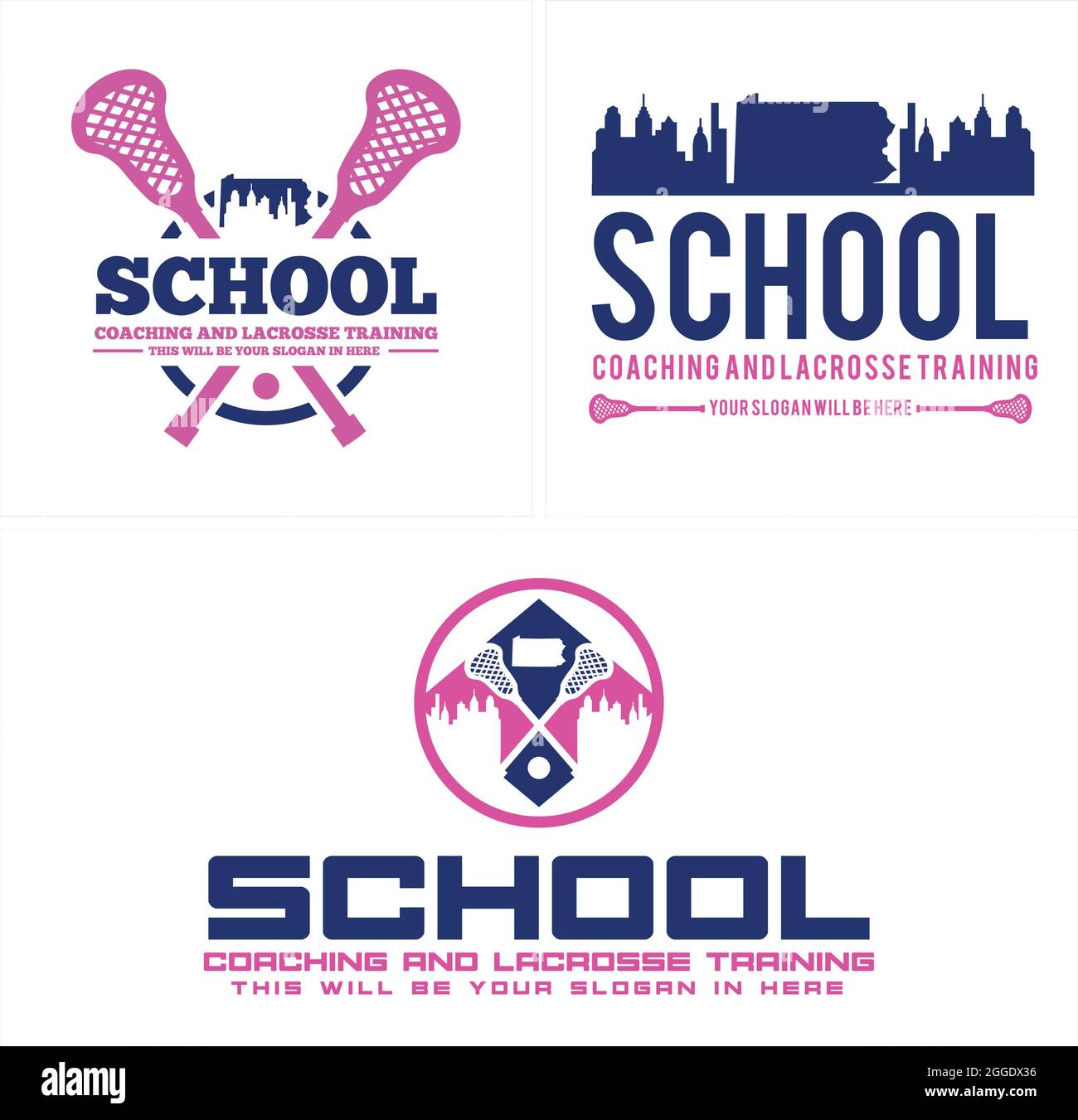 Modèle de logo de la LaCrosse de l'école avec bâton croisé et bâtiment d'horizon Illustration de Vecteur