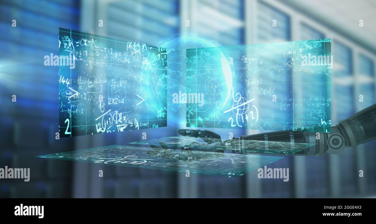 Globe sur la main robotique et les écrans avec des équations mathématiques contre la salle de serveur d'ordinateur Banque D'Images