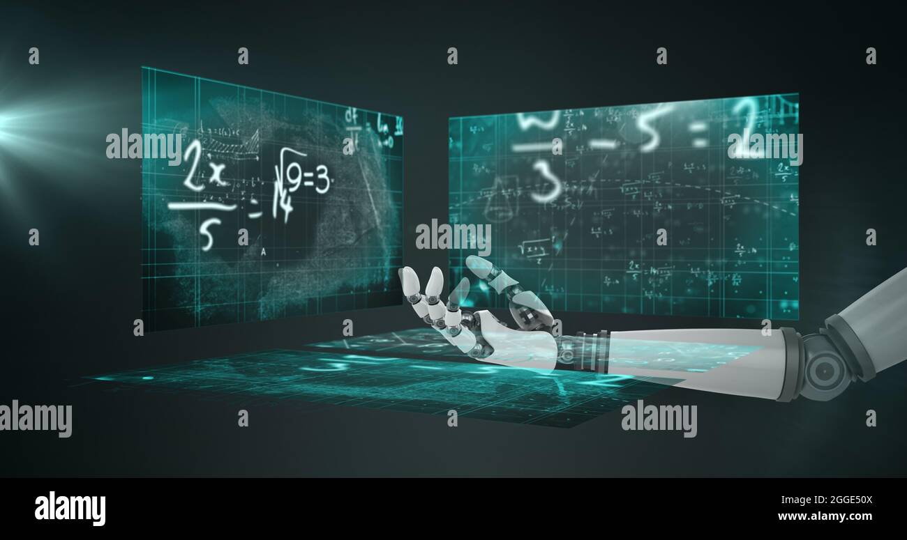 Globe de réseau de connexions sur la main robotique contre des écrans avec des équations mathématiques Banque D'Images