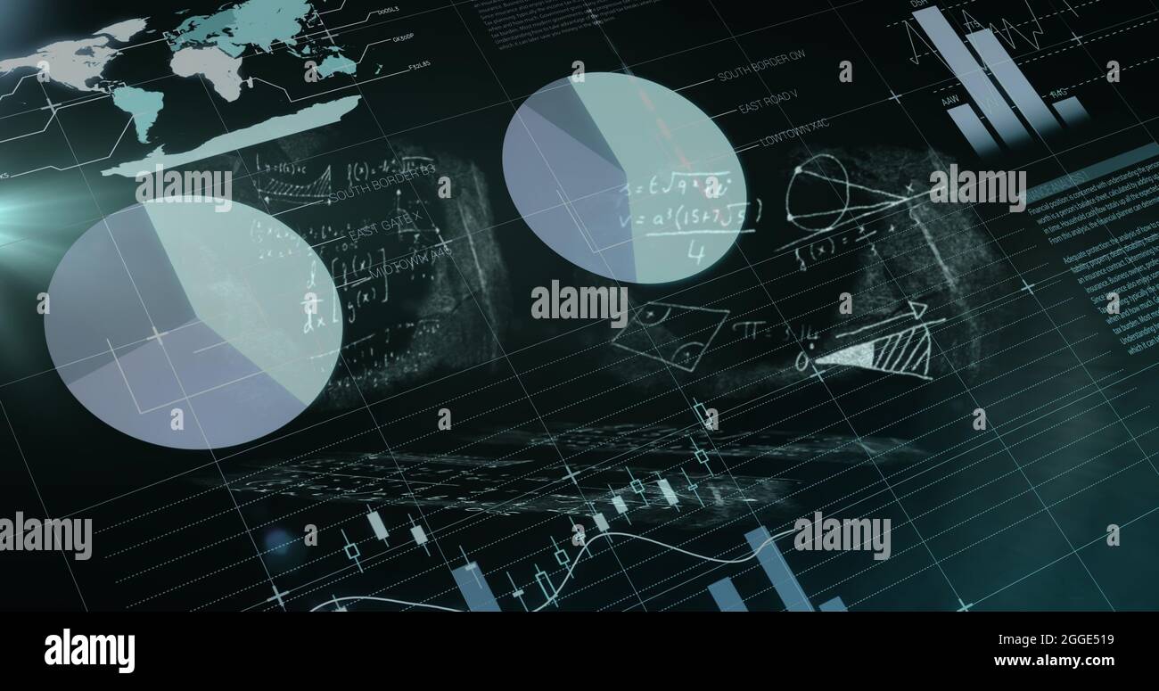 Équations mathématiques flottantes par rapport au traitement des données statistiques sur fond noir Banque D'Images