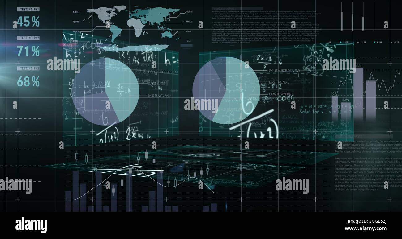 Équations mathématiques flottantes par rapport au traitement des données statistiques sur fond noir Banque D'Images