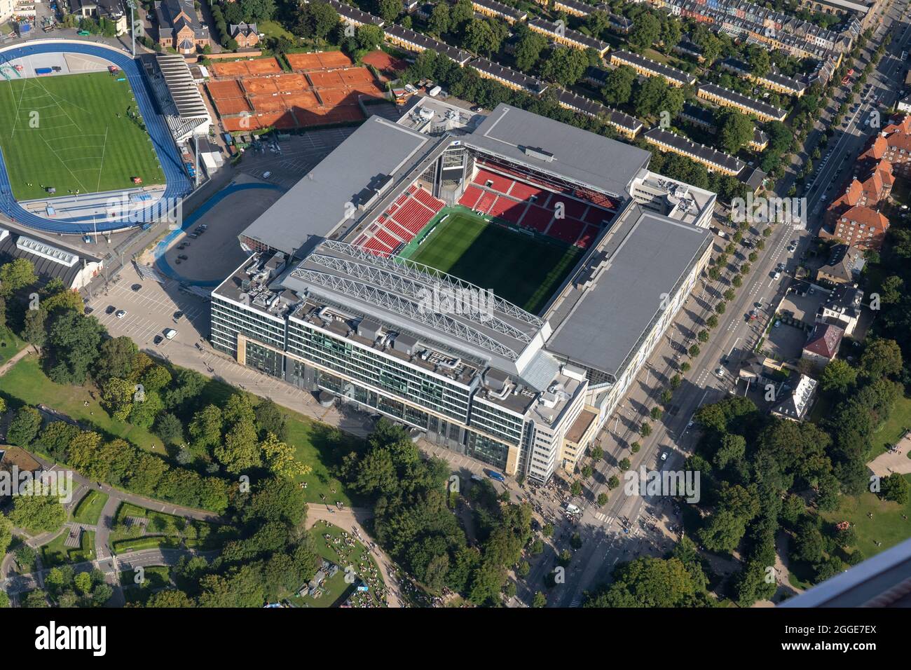 Vue aérienne du stade Parken à Copenhague, Danemark Banque D'Images
