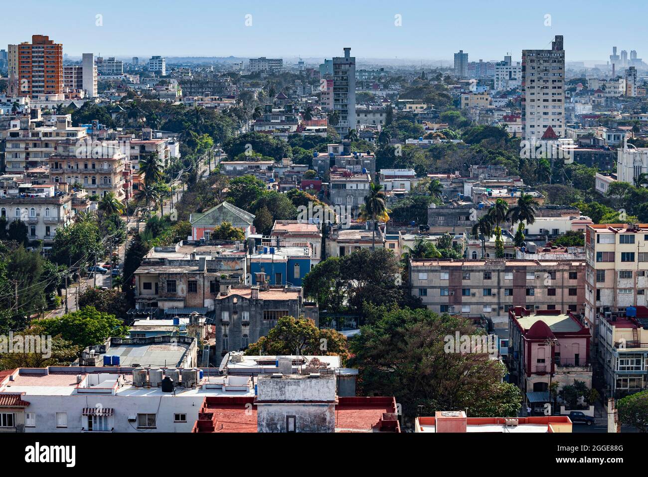 Vue sur mer de maisons avec beaucoup de verdure de la capitale la Havane, province de la Havane, grandes Antilles, Caraïbes, Cuba Banque D'Images