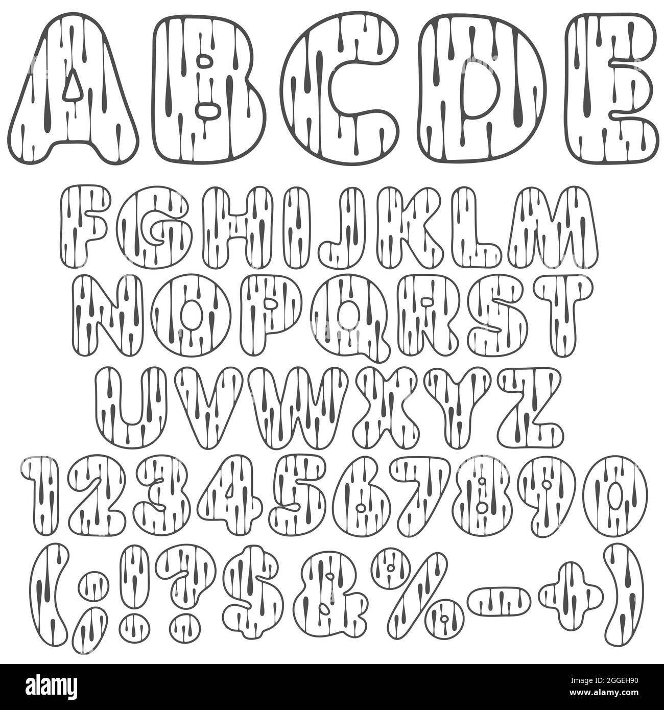 Alphabet, lettres, chiffres et signes avec gouttes. Objets vectoriels isolés sur fond blanc. Illustration de Vecteur