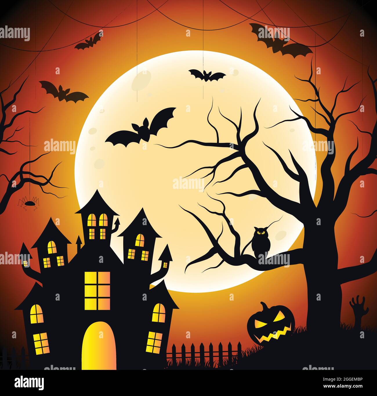 Illustration du vecteur Halloween. Joyeux Halloween bannière arrière-plan avec chauves-souris, lune, château, toile, cimetière et citrouilles. Arrière-plan de nuit créepy. Illustration de Vecteur