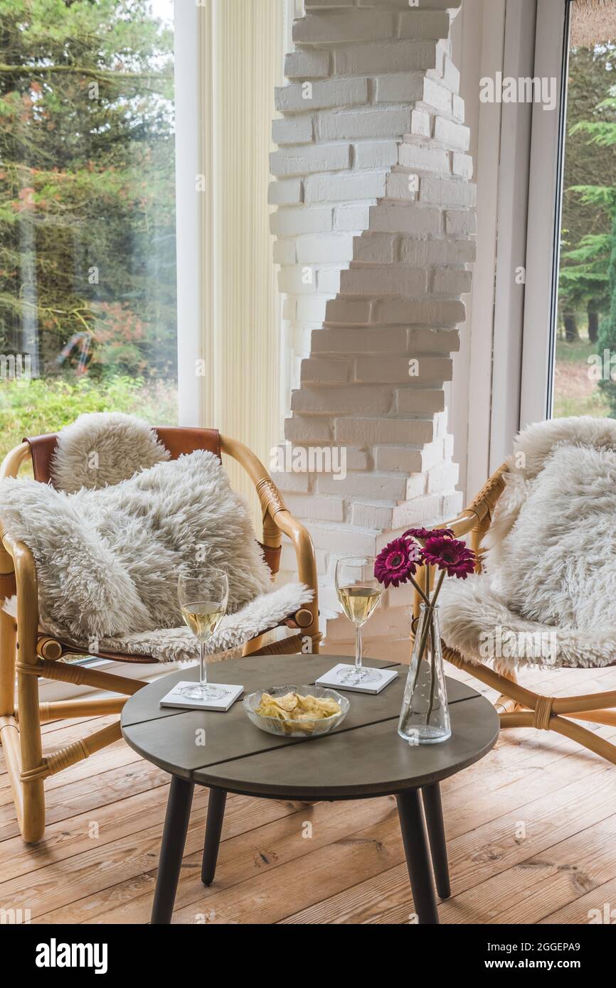 Deux chaises en osier avec oreillers et table basse avec verres à vin et en-cas dans un jardin d'hiver, vertical Banque D'Images