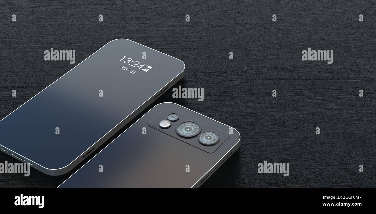 Date Heure Modele Appareil Photo Pix Téléphone mobile triple appareil photo et flash au verso, date et heure à  l'écran au recto, fond en bois de couleur noire, espace de copie, modèle.  illu 3d Photo Stock - Alamy