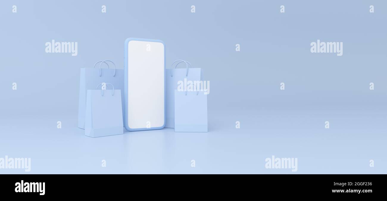 Smartphone avec sacs d'achats sur fond bleu. Concept de paiement en ligne. rendu 3d. Banque D'Images