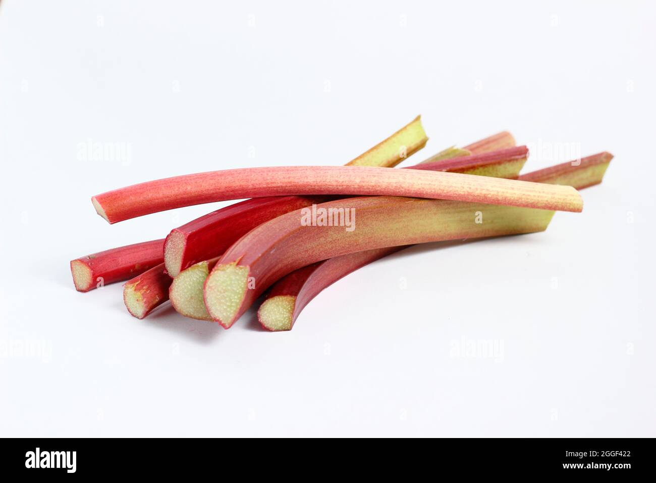 Rhubarbe. Tiges de rhubarbe fraîchement cueillies isolées sur fond blanc. ROYAUME-UNI Banque D'Images