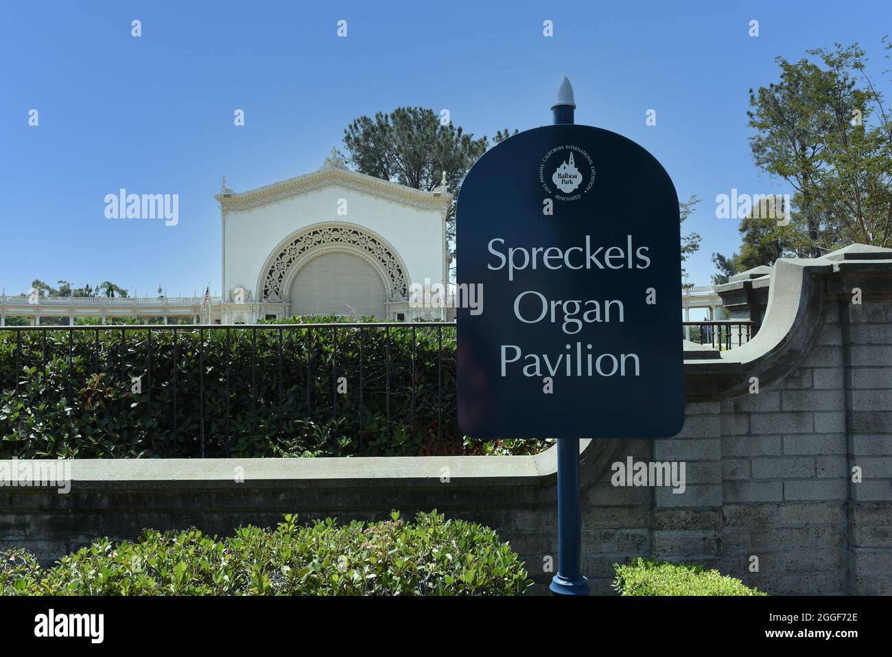 SAN DIEGO, CALIFORNIE - 25 AOÛT 2021 : le Spreckels Organ Pavilion, situé dans le parc de Balboa, abrite le plus grand orgue extérieur du monde. Banque D'Images