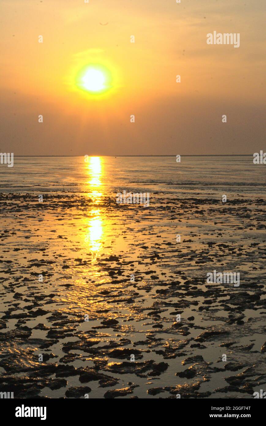 Coucher de soleil sur la mer des Wadden (Wattenmeer) Parc national classé au patrimoine mondial de l'UNESCO à Cuxhaven, Allemagne Banque D'Images