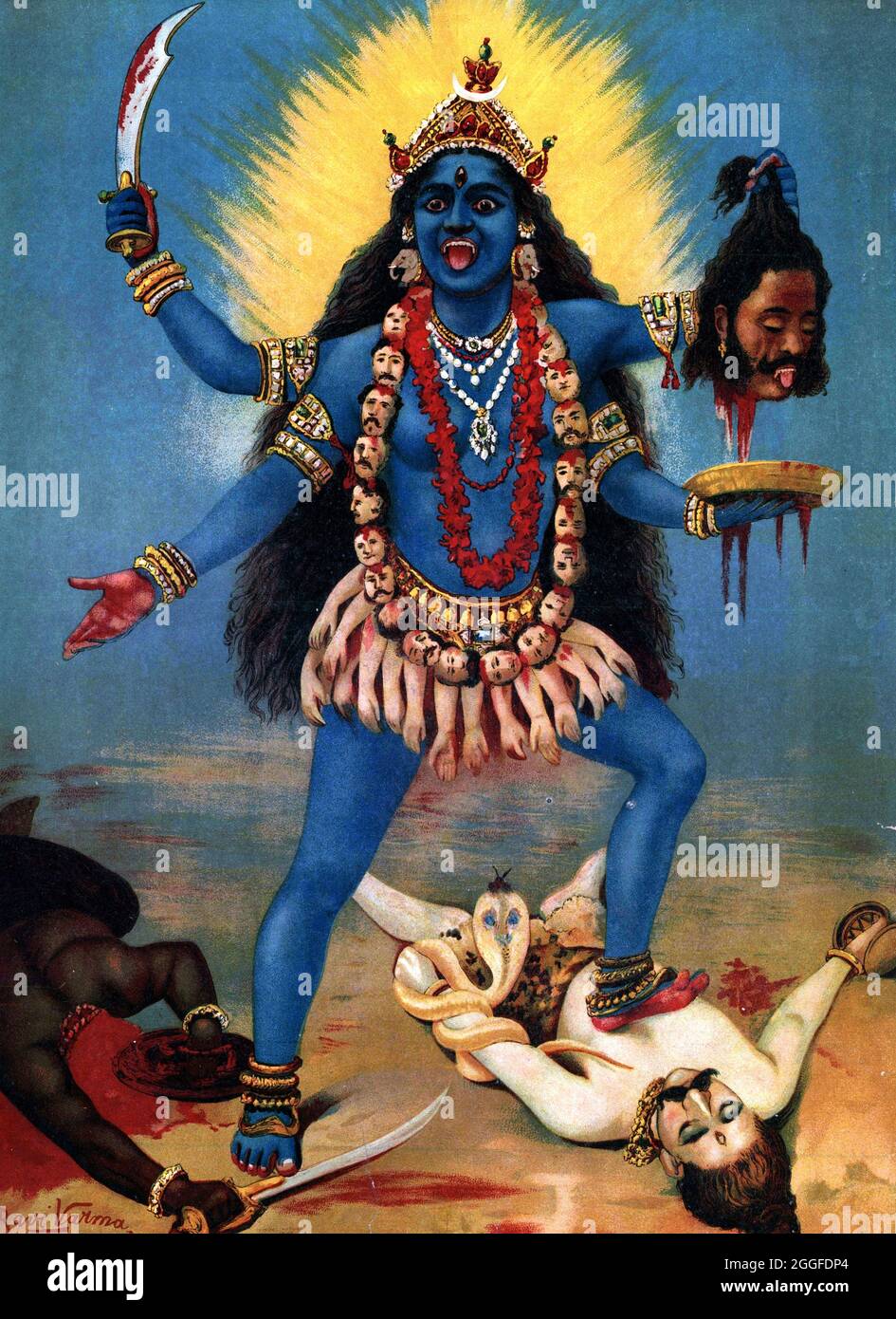 Kali piétinant Shiva par le peintre indien Raja Ravi Varma (1848-1906), chromolithographe, c. 1910 Banque D'Images