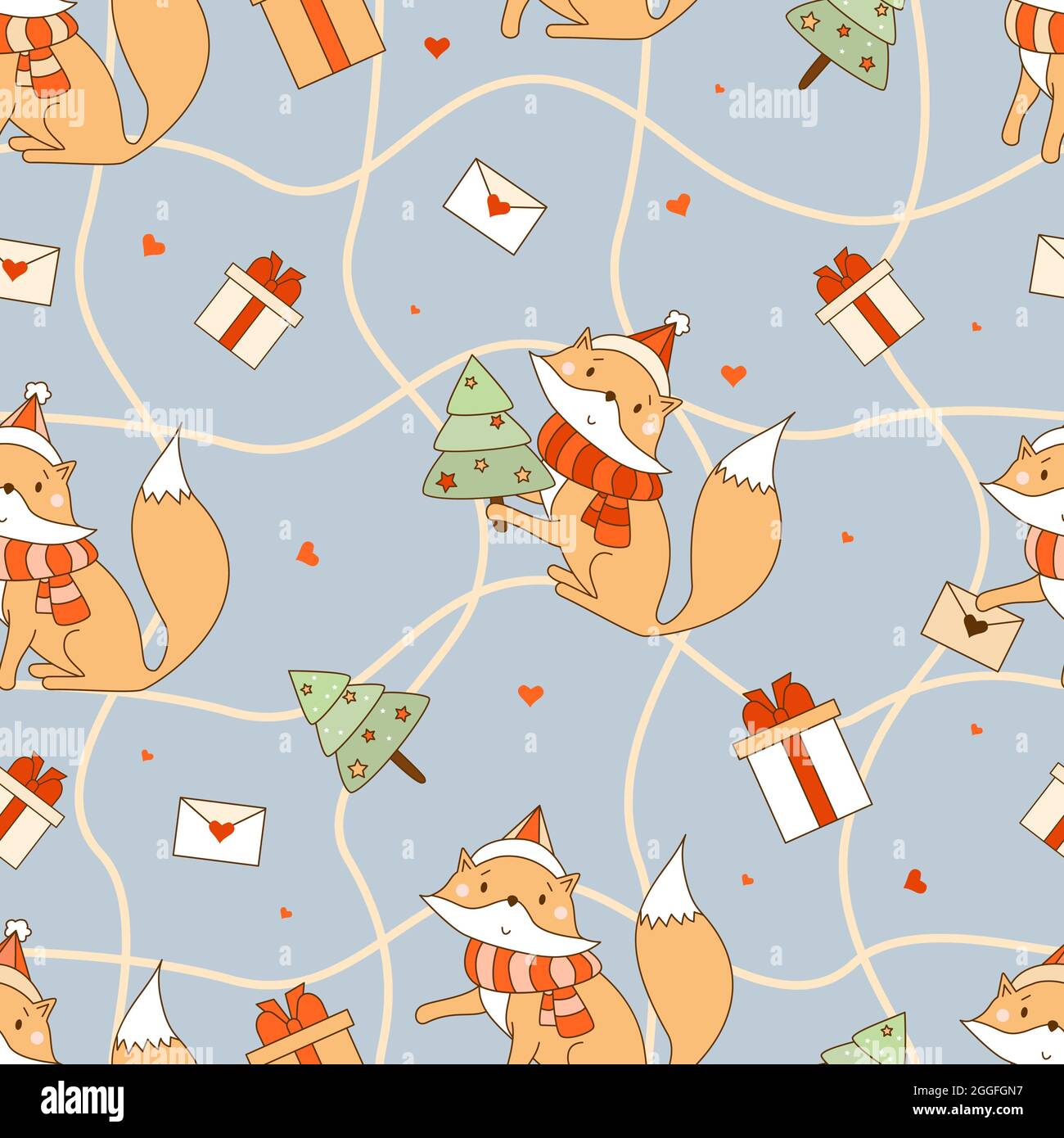 Motif sans coutures et jolis renards. Nouvel an animal en chapeau de père Noël et avec un arbre de Noël sur fond bleu avec un filet et des cadeaux. Illustration vectorielle Illustration de Vecteur