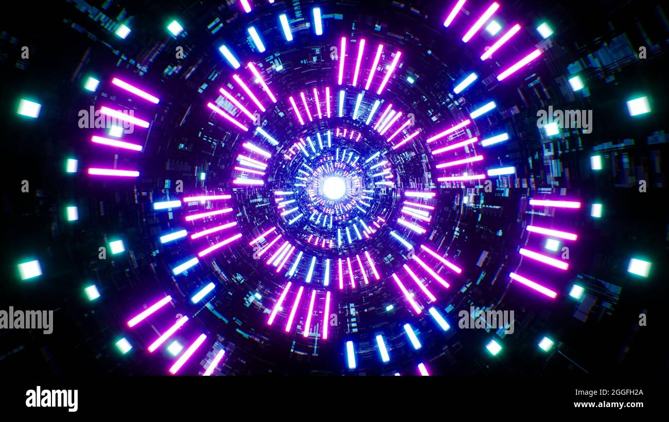 Le faisceau lumineux violet et bleu se déploie dans le tunnel texturé Sci fi Banque D'Images