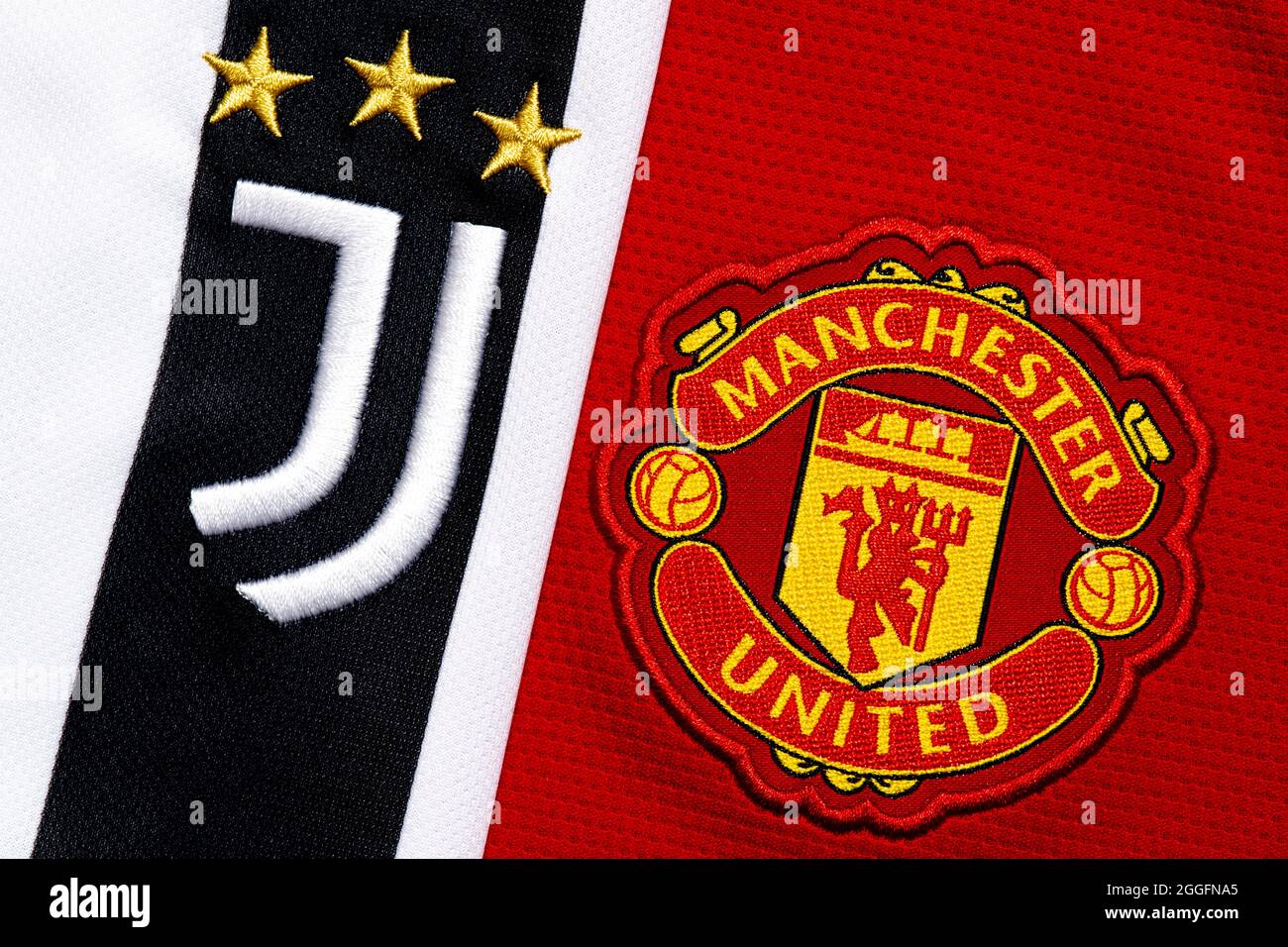 Gros plan sur l'écusson du club de Manchester United et Juventus. Banque D'Images