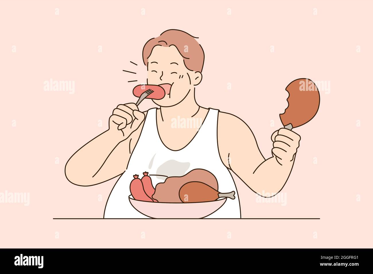 Sur manger et régime alimentaire malsain concept. Gros homme assis manger des saucisses viande avec l'appétit trop manger vie malsaine illustration vecteur de style de vie Illustration de Vecteur
