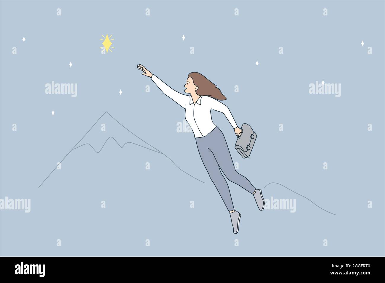 Opportunités et concept de leadership d'entreprise. Jeune femme d'affaires souriante personnage de dessin animé volant aller à atteindre star volant dans l'illustration de vecteur d'air Illustration de Vecteur