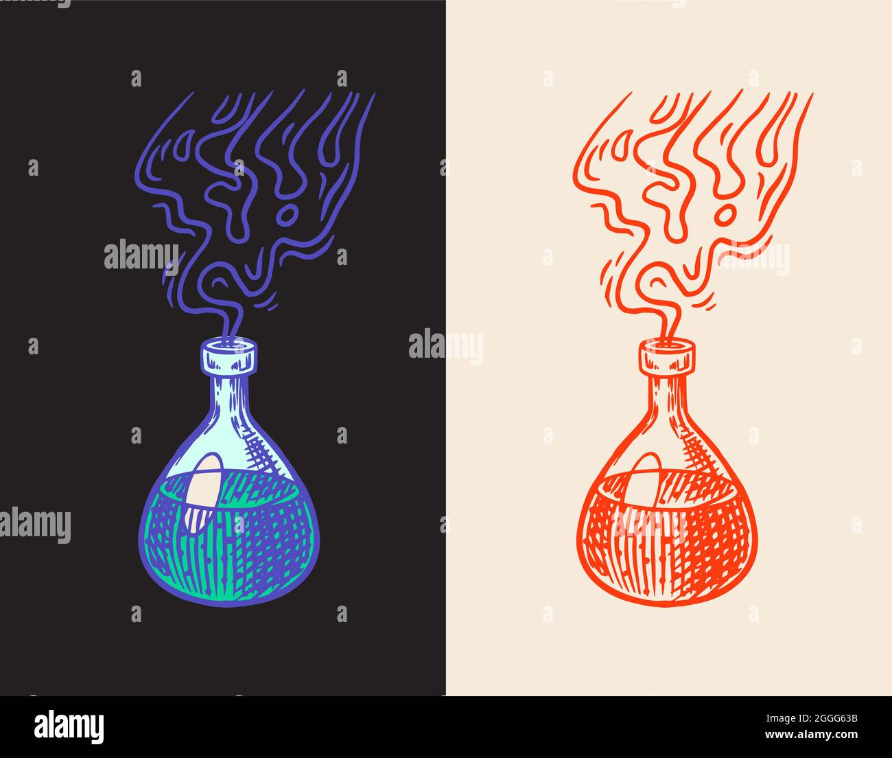 Potion de sorcière. Boisson alchimie mystique dans une bouteille. Symbole d'astrologie. Illustration du Magic Boho. Dessin gravé à la main pour tatouage ou t-shirt. Illustration de Vecteur