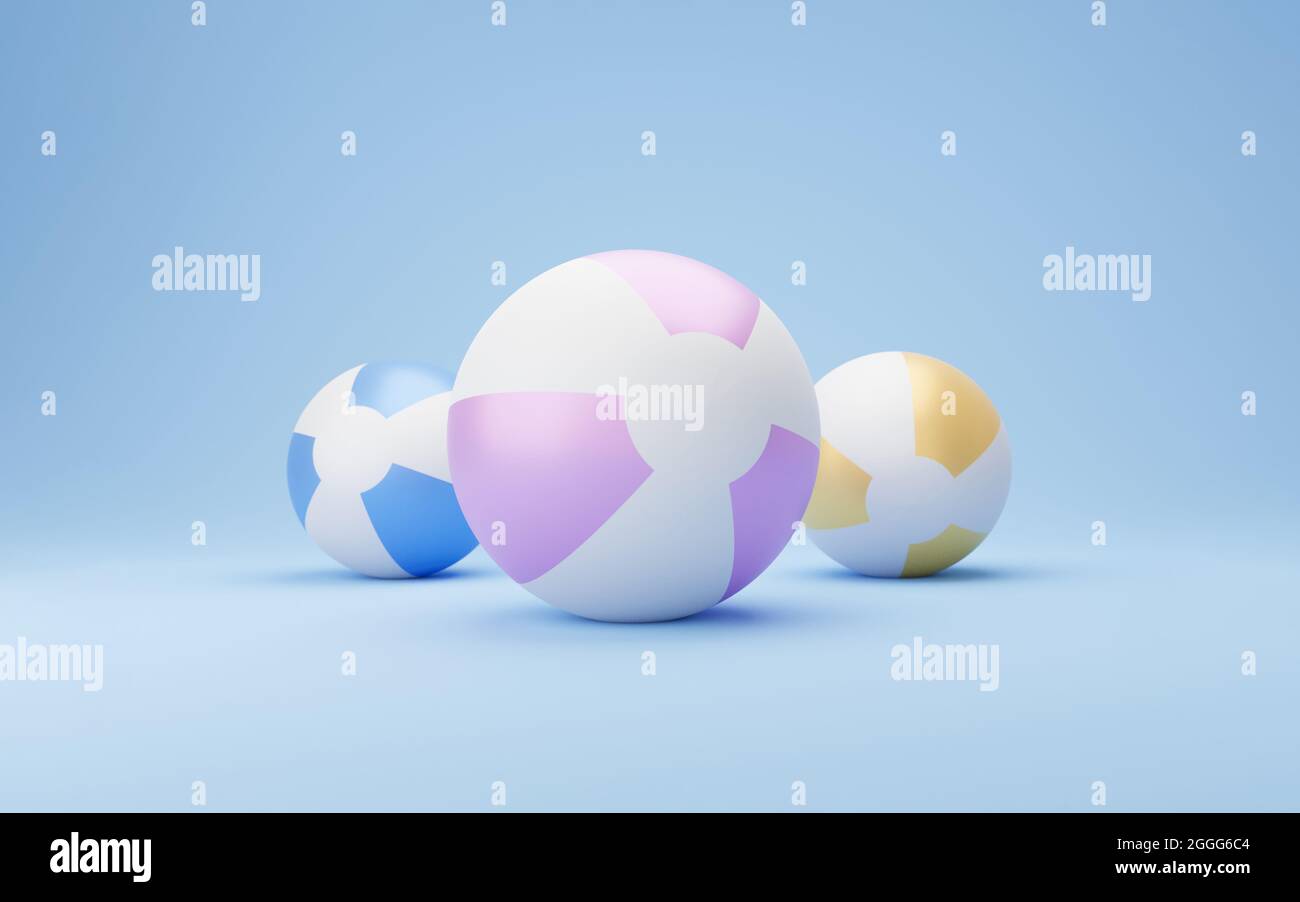 illustration 3d de trois beach ball. concept minimal avec espace de copie. Arrière-plan beige d'été avec boules de plage gonflables, rendu 3D minimal de l'illustration Banque D'Images