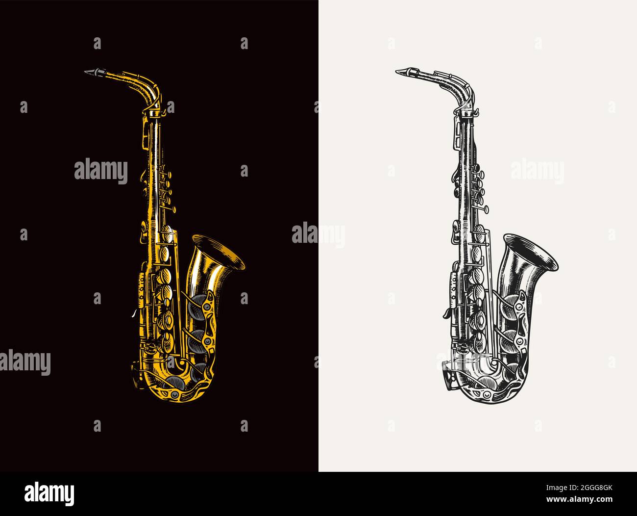 Saxophone Jazz style vintage gravé en monochrome. Esquisse pour trompette dessiné à la main et de l'affiche du festival blues ragtime. Les amis du vent classique Illustration de Vecteur